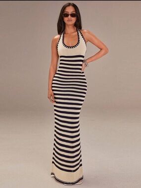SHEIN Cream and Black Striped Halter Maxi Dress